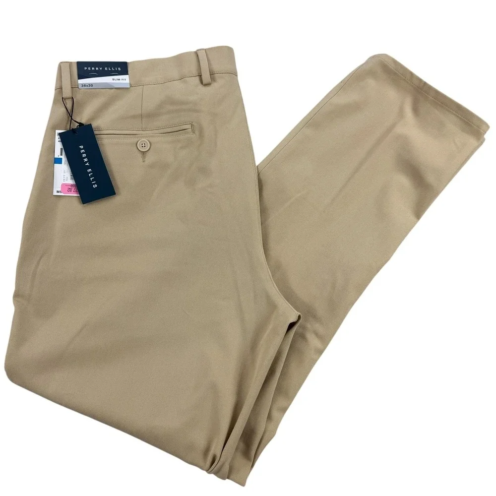 Perry Ellis Dress Pants Mens 36x30 Beige Slim Fit 4 Way Stretch Office NEW $80